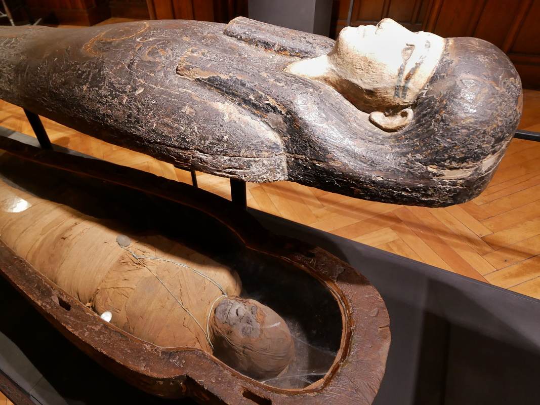 Expozcia egyptolgie - mmia kaza boha Amona z pohrebiska v Gze, datovan do 12.-11. stor. pred Kr.