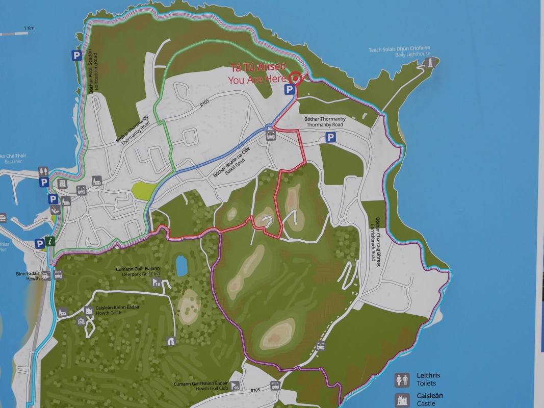 Howth - turistick trasy (zelen 6km, modr 7km, erven 8km)